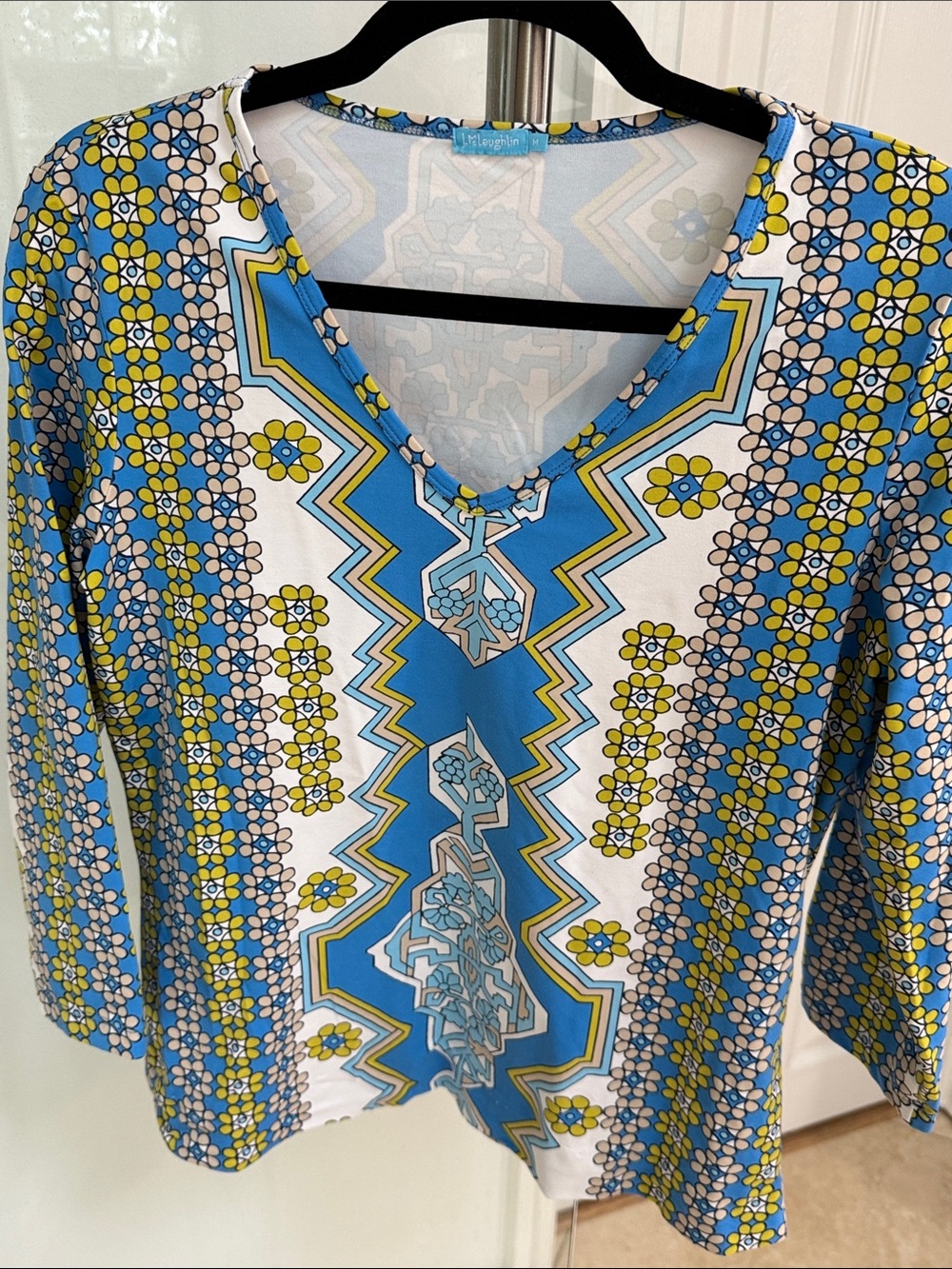 J. McLaughlin Blue and Yellow Geometric Floral V-Neck Tunic M
